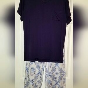CROFT & BARROW PAISLEY PRINT SOFT-CUDDLY PAJAMA PANTS + NAVY TOP - LARGE- NEW!!